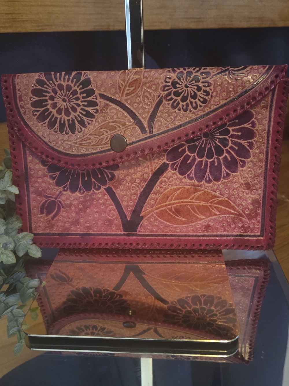 Vintage 70s Hand Tooled Leather Clutch Floral Shantiniketan India